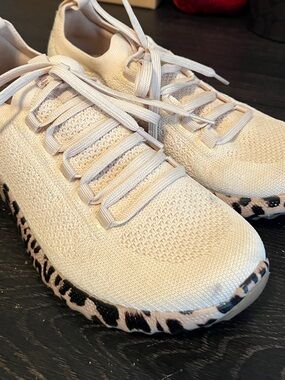 Aetrex Cream Knit Lace-Up Sneakers with Leopard-Print Trim